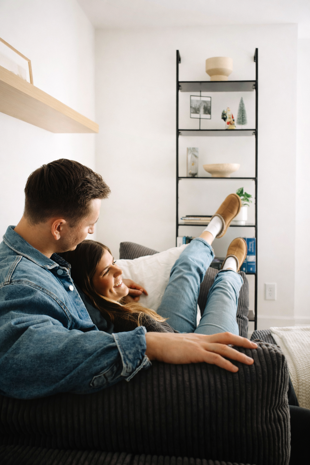 Paar entspannt in einer aufgeräumten Wohnung auf der Couch